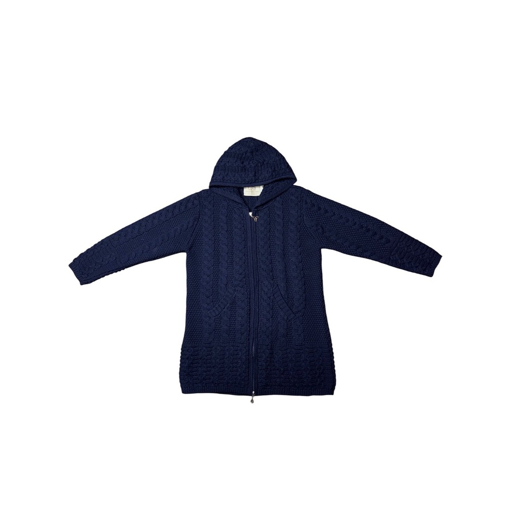 Aran Sweater Market Navy Blue 100% Merino Wool Hooded Zip Cardigan Ireland M - Picture 1 of 11
